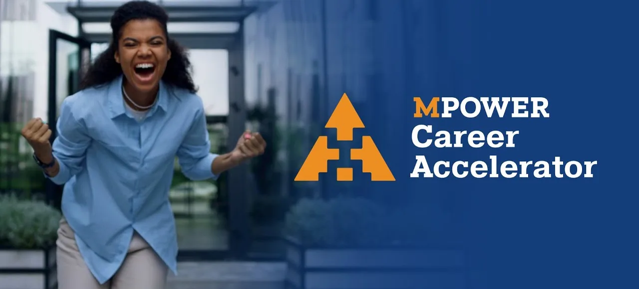A young professional celebrates beside the MPOWER Career Accelerator logo