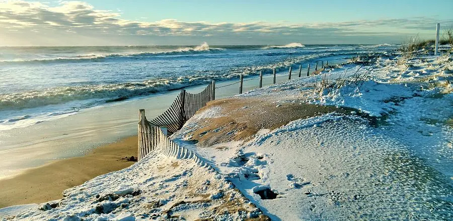 Snow on a beach dune, a sand fence running toward the sea under a clear sky