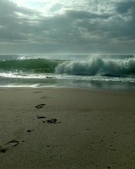 Footprints toward a breaking wave