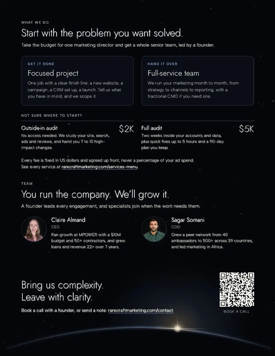 Flyer page two: focused projects, the full-service team, the $2K and $5K audits, and the founders