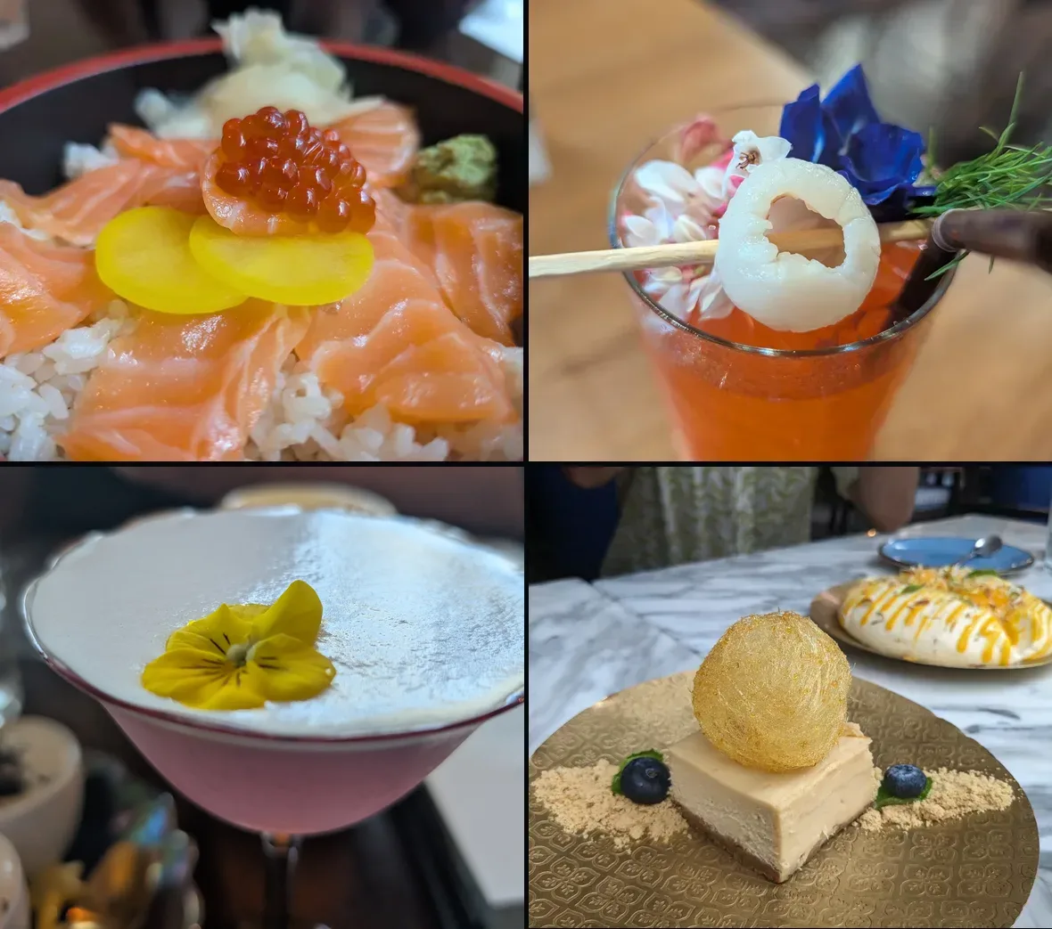 Four food and drink photographs: a salmon bowl with roe, a lychee cocktail with flowers, a pink cocktail topped with a yellow pansy, and a cheesecake with a sugar sphere