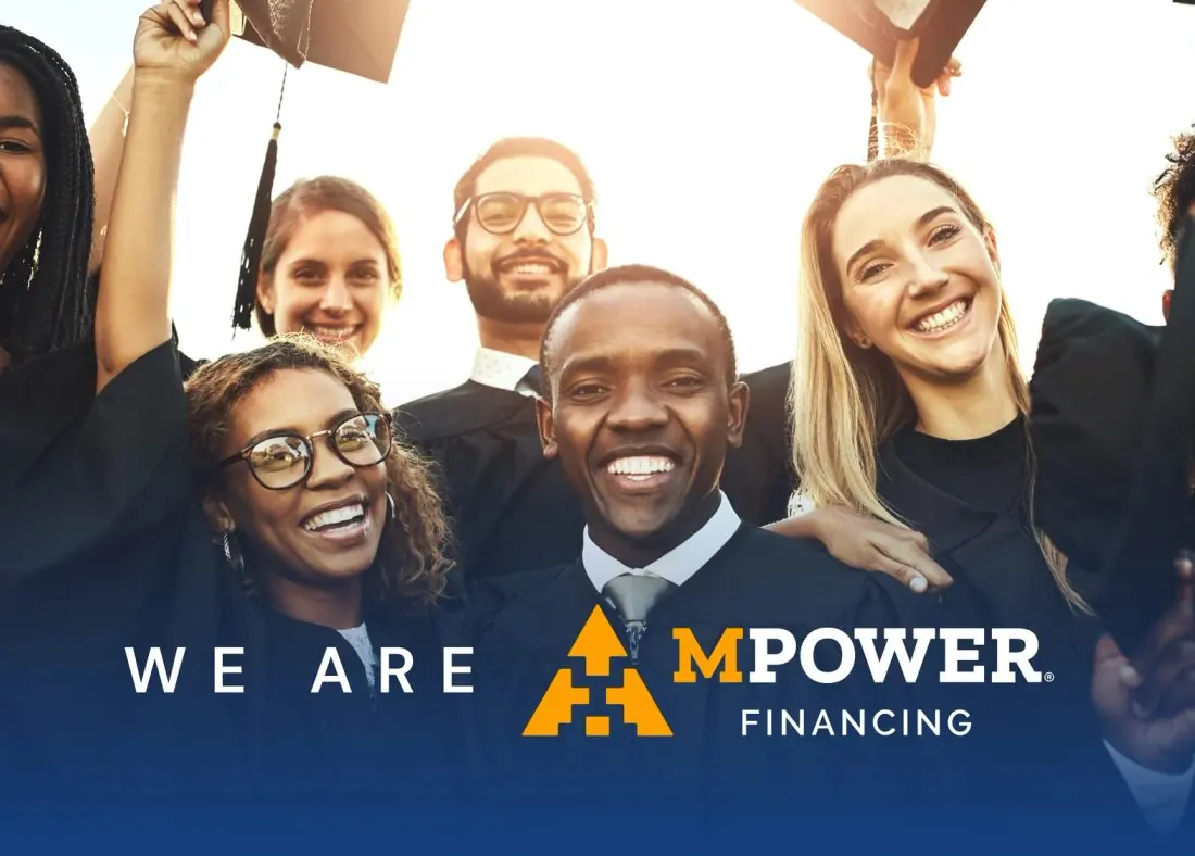 Graduates in caps and gowns celebrating under the line We are MPOWER