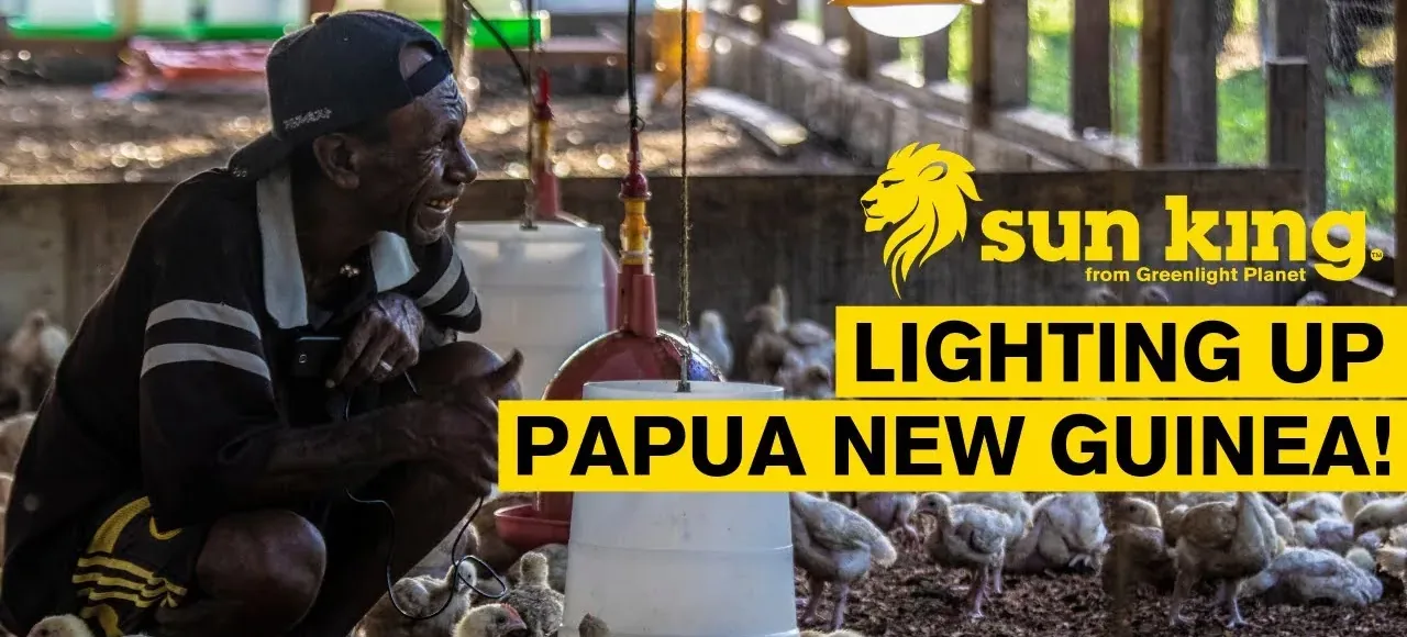A smiling farmer crouches among chicks under a solar-powered light