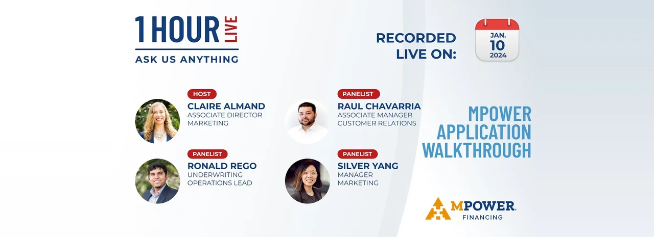 Title card for a one-hour live webinar, MPOWER Application Walkthrough, with the host and three panelists