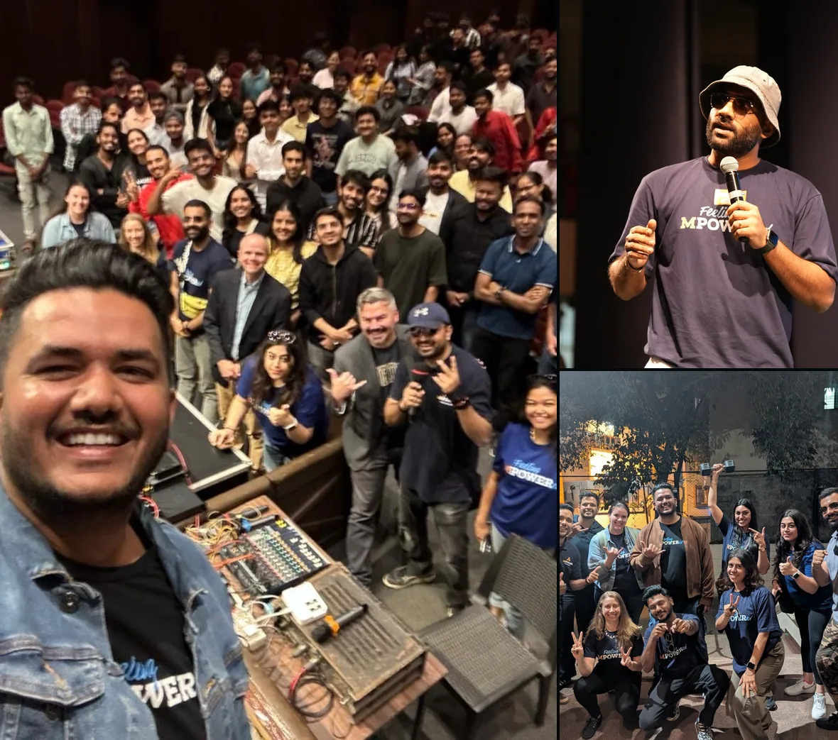 A selfie in front of a packed auditorium of students, a speaker on stage in a Feeling MPOWERed shirt, and the event team cheering together